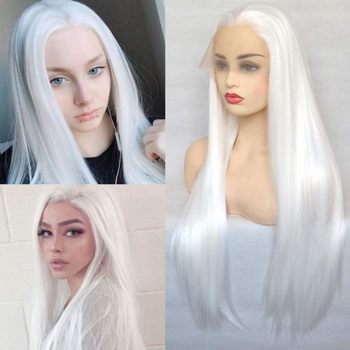 BLUPLE Long Straight Lace Front Wigs #1001 Platinum White Natural Heat Resistant Synthetic Hair Half Hand Tied Wigs for Cosplay Daily Wear (22 inches, Straight,Platinum White)