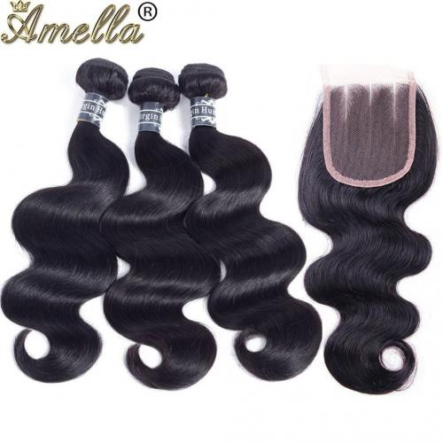 Amella Hair 8A Unprocessed Brazilian Body Wave Bundles with Closure Virgin Brazilian Hair Bundles Weave with Lace Closure Three Part