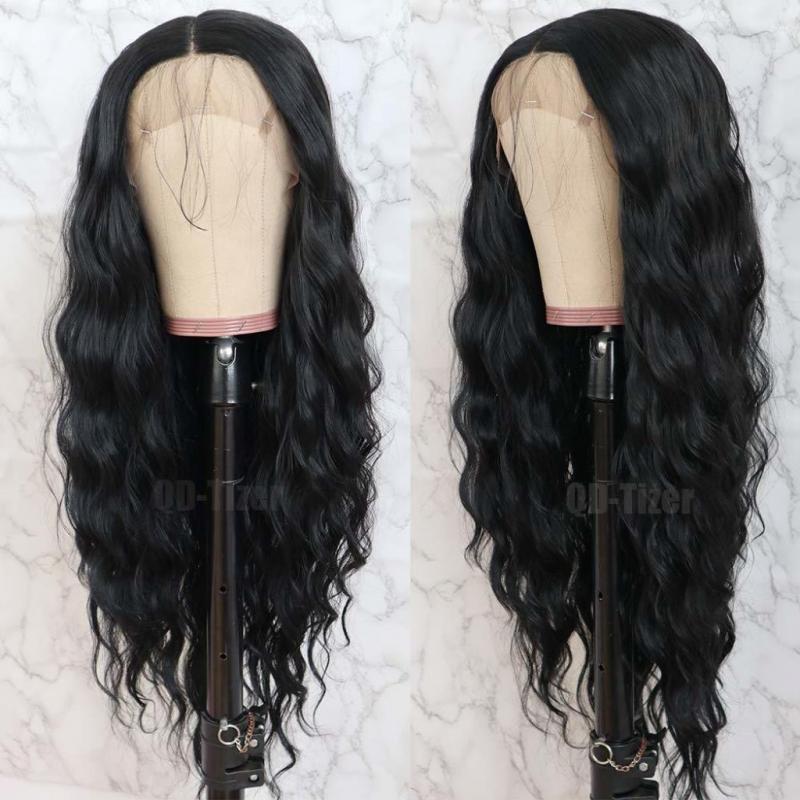 QD-Tizer Black Long Loose Curly Wave Lace Front Wigs with Baby Hair Heat Resistant Glueless Synthetic Lace Front Wig