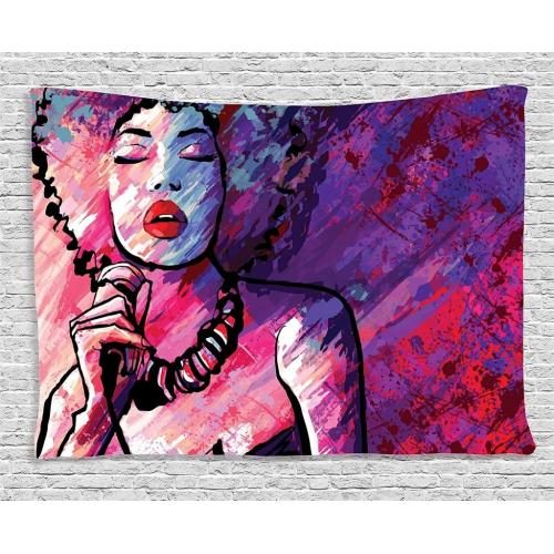 Ambesonne Grunge Tapestry, Jazz Singer Performing a Microphone on Old Background Illustration Print, Wide Wall Hanging for Bedroom Living Room Dorm, 80 X 60, Purple Red