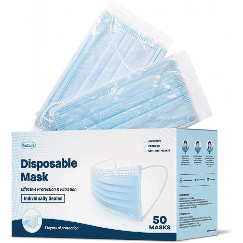 WeCare Individually Wrapped Disposable Face Masks - 50 Pack