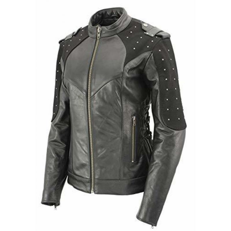 Ladies 'Scuba' Leather Jacket With Reflective Wings and Studs - X-Large