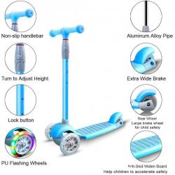 Kick Scooter for Kids 3 Wheel Scooter for Toddlers Girls Boys Lightweight 4 Adjustable Height Lean to Steer with PU Flashing Wheels Scooter for Children from 2 to 6 Years Old (Light Blue)