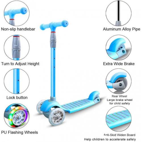 Kick Scooter for Kids 3 Wheel Scooter for Toddlers Girls Boys Lightweight 4 Adjustable Height Lean to Steer with PU Flashing Wheels Scooter for Children from 2 to 6 Years Old (Light Blue)