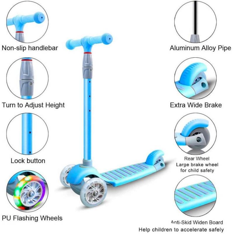 Kick Scooter for Kids 3 Wheel Scooter for Toddlers Girls Boys Lightweight 4 Adjustable Height Lean to Steer with PU Flashing Wheels Scooter for Children from 2 to 6 Years Old (Light Blue)