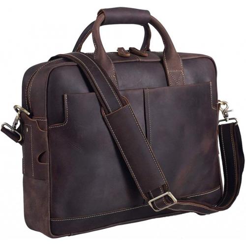 Texbo Genuine Full Grain Leather Men's 16 Inch Laptop Briefcase Messenger Bag Tote Satchel Bag With Ykk Metal Zippers