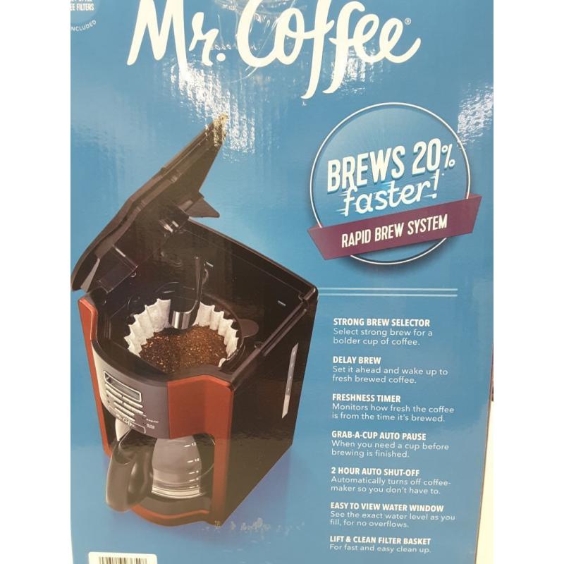 Mr coffee rapid brew system brews 20% faster, 12 cups, grab a cup auto pause, 2 hour auto shut off