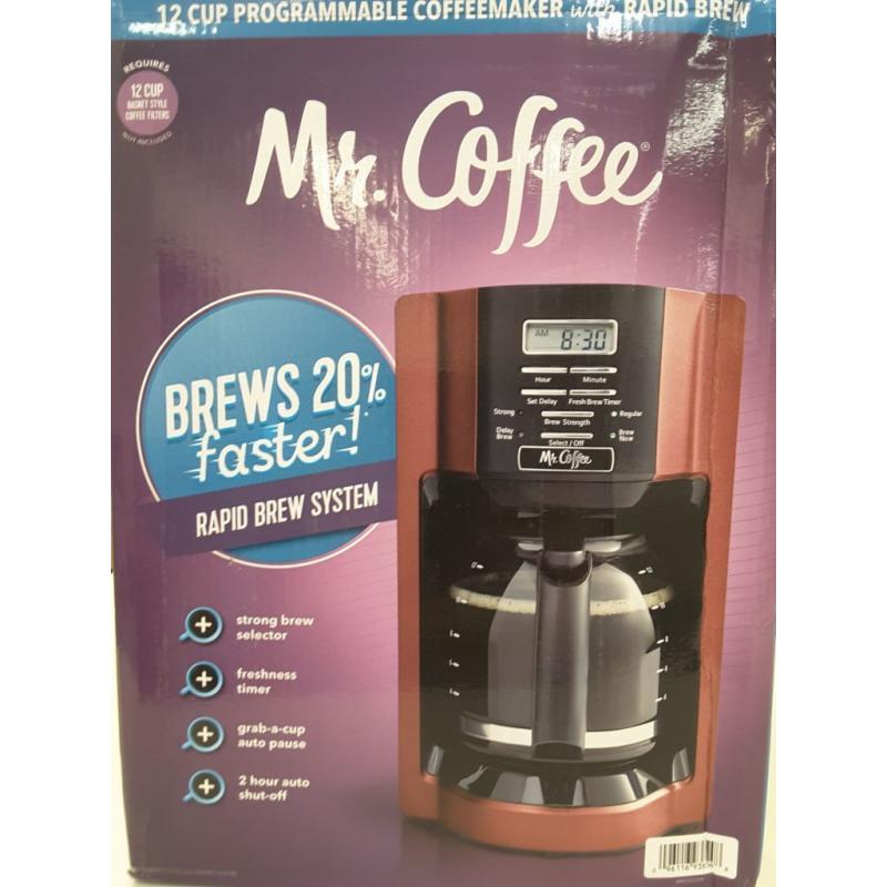 Mr coffee rapid brew system brews 20% faster, 12 cups, grab a cup auto pause, 2 hour auto shut off