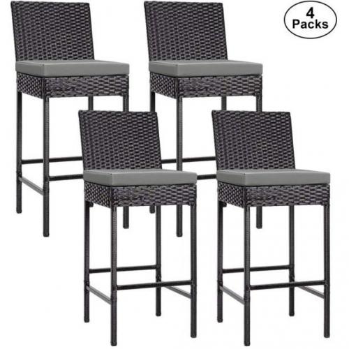4 Packs Outdoor Wicker Barstool Patio Rattan Furniture with Cushions in Black