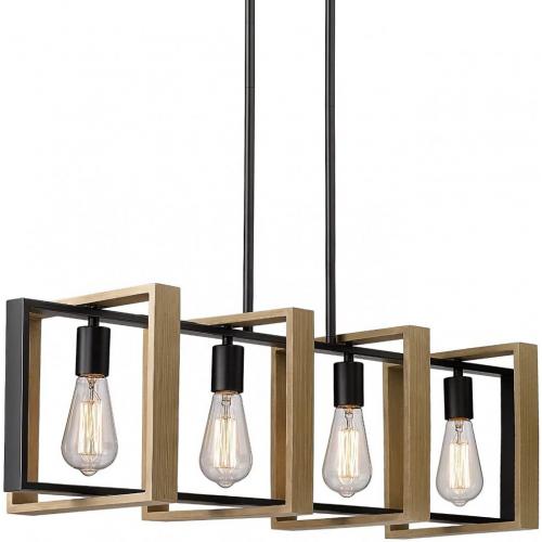 Ken & Ricky 4-Light Farmhouse Chandelier, Rustic Dining Room Light Fixture, 35.45 inch Kitchen Island Lighting Pool Table Pendant Light, Solid Wood and Metal Frame