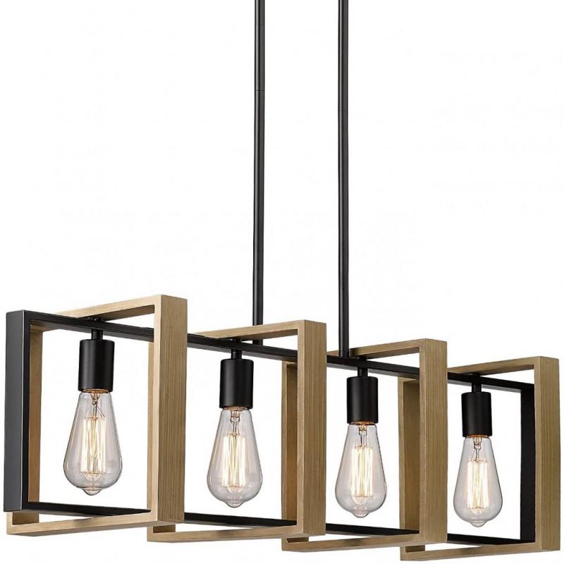 Ken & Ricky 4-Light Farmhouse Chandelier, Rustic Dining Room Light Fixture, 35.45 inch Kitchen Island Lighting Pool Table Pendant Light, Solid Wood and Metal Frame