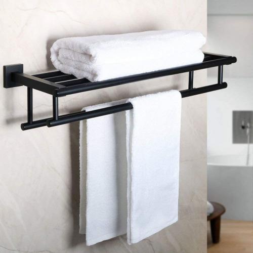Bathroom Lavatory Towel Rack Towel Shelf with Two Towel Bars Wall Mount Holder,24-Inch SUS 304 Stainless Steel Matte Black