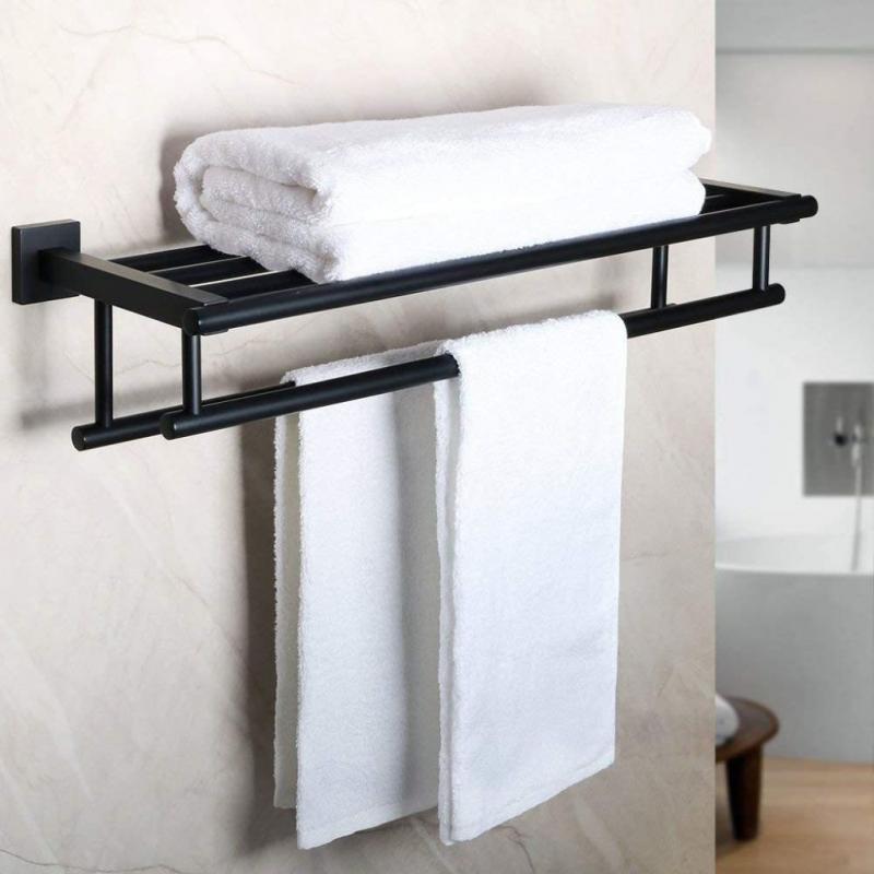Bathroom Lavatory Towel Rack Towel Shelf with Two Towel Bars Wall Mount Holder,24-Inch SUS 304 Stainless Steel Matte Black