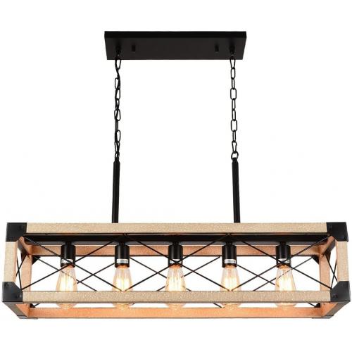 Kitchen Island Lighting, 5-Light Farmhouse Linear Chandeliers, Rustic Dining Room Light Fixture, Rectangle Hanging Linear Pendant Lights, Wood Chandeliers for Kitchen, Pool Table