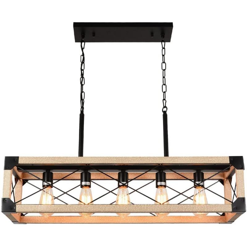 Kitchen Island Lighting, 5-Light Farmhouse Linear Chandeliers, Rustic Dining Room Light Fixture, Rectangle Hanging Linear Pendant Lights, Wood Chandeliers for Kitchen, Pool Table