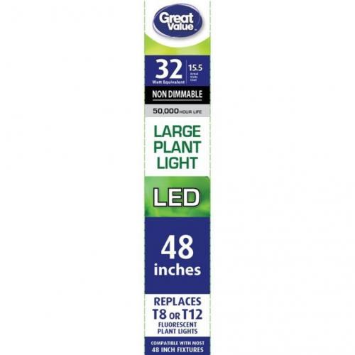 Great Value LED Light Bulb, 18W (32W/40W Equivalent) T8/T12 Grow Light Replacement Lamp G13 Base, Non-dimmable, Large Plant Light, 48-inches, 1-Pack
