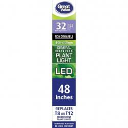 Great Value LED Light Bulb, 18W (32W/40W Equivalent) T8/T12 Grow Light Replacement Lamp G13 Base, Non-dimmable, Plant Light, 48-inches, 1-Pack