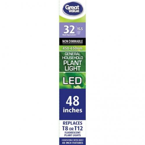 Great Value LED Light Bulb, 18W (32W/40W Equivalent) T8/T12 Grow Light Replacement Lamp G13 Base, Non-dimmable, Plant Light, 48-inches, 1-Pack