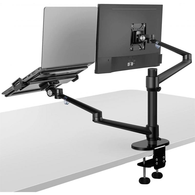 Monitor and Laptop Mount, 2-in-1 Adjustable Dual Arm Desk Mounts Single Desk Arm Stand/Holder