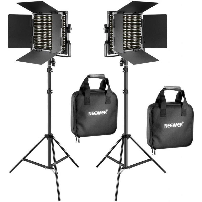 Neewer 2 Pieces Bi-color 660 LED Video Light and Stand Kit Includes:(2)3200-5600K CRI 96+ Dimmable Light with U Bracket and Barndoor and (2)75 inches Light Stand for Studio Photography, Video Shooting