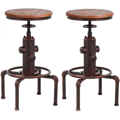 Topower American Antique Vintage Industrial Barstool Solid Wood Water Pipe Fire Hydrant Design Cafe Coffee Industrial Bar Stool Set of 2