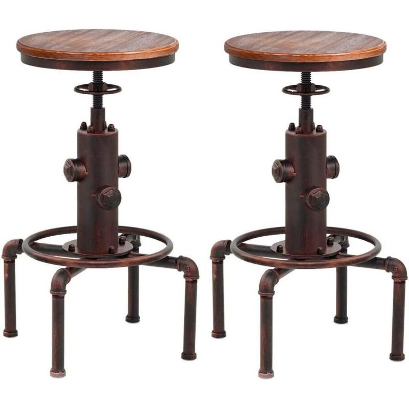 Topower American Antique Vintage Industrial Barstool Solid Wood Water Pipe Fire Hydrant Design Cafe Coffee Industrial Bar Stool Set of 2
