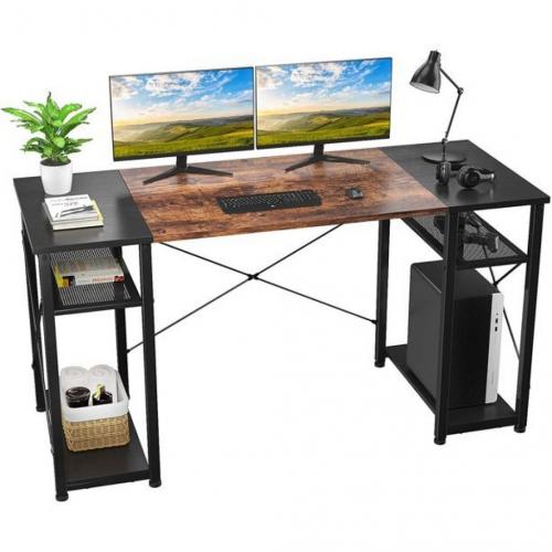 Computer Desk 47 Home Office Writing Desk with Storage Shelf, Industrial Office Desk with 4-Tier Shelves, Modern Splice Board Wooden PC Study Desk, Rustic and Black