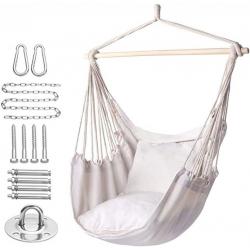 Y- STOP Hammock Chair Hanging Rope Swing, Max 320 Lbs, 2 Seat Cushions Included, Hanging Chair with Pocket, Quality Cotton Weave, for Indoor and Outdoor