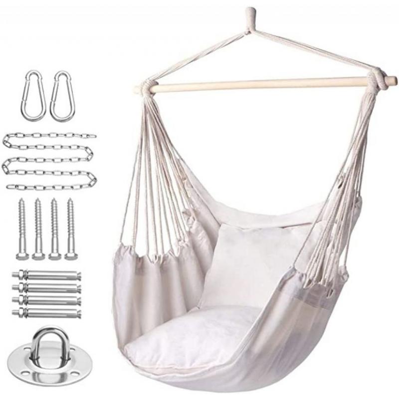 Y- STOP Hammock Chair Hanging Rope Swing, Max 320 Lbs, 2 Seat Cushions Included, Hanging Chair with Pocket, Quality Cotton Weave, for Indoor and Outdoor
