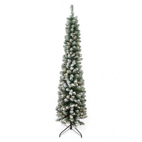 Clear Prelit Traditional Green Flocked Pencil Christmas Tree, 6'