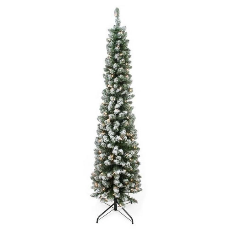 Clear Prelit Traditional Green Flocked Pencil Christmas Tree, 6'