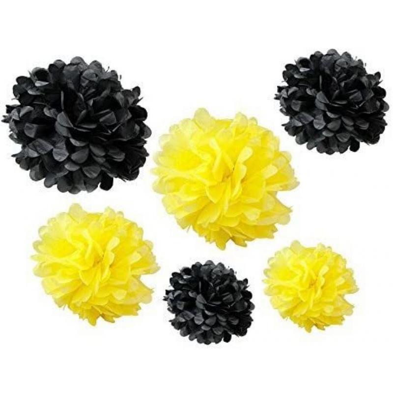 Somnr Set of 12pcs Mixed 3 Sizes Yellow Black Tissue Paper Pom Poms Flower Wedding Party Baby Girl Room Nursery Decoration