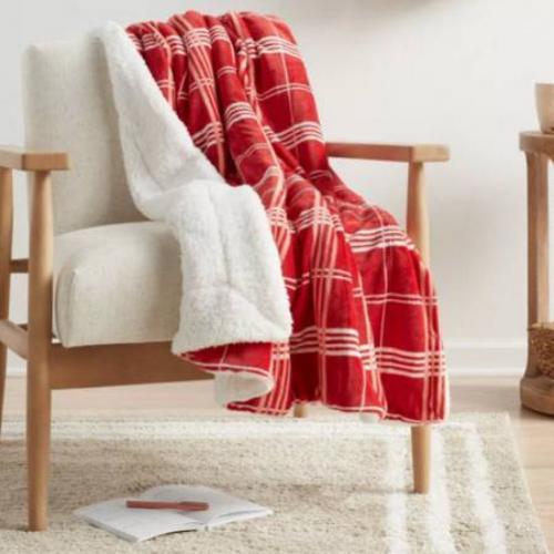 Threshold Red Windowpane Plaid Printed Plush with Sherpa Reverse Throw Blanket