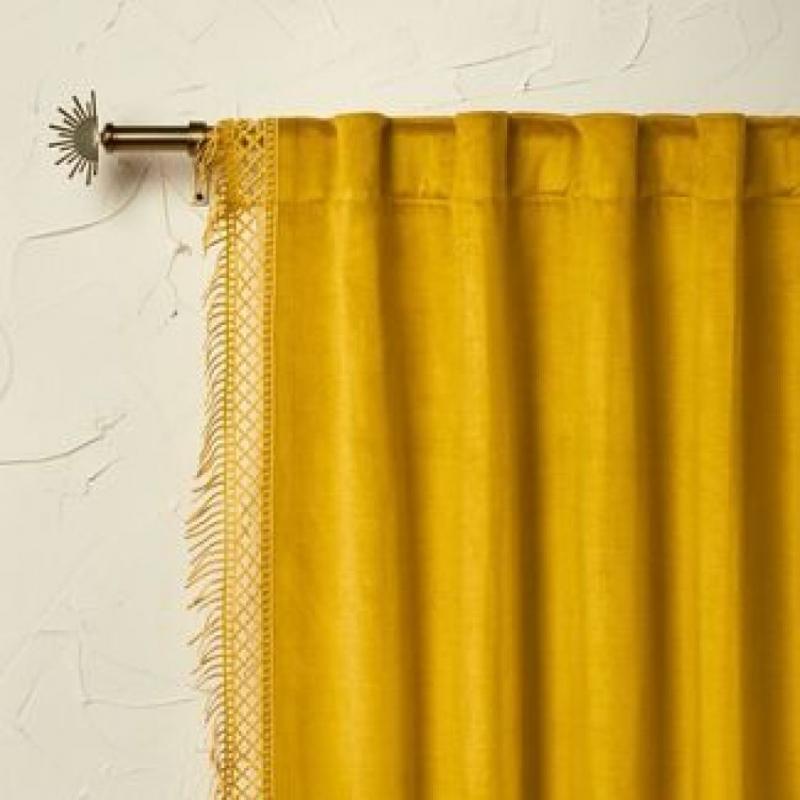 84x54 Velvet Macrame Trim Light Filtering Curtain Panel Gold - Opalhouse designed with Jungalow