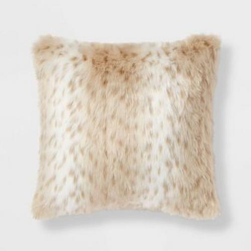 Snow Leopard Long Faux Fur Square Throw Pillow Neutral - Threshold