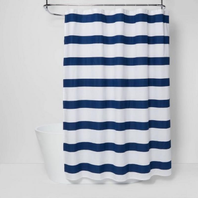 Rugby Stripe Shower Curtain White/Blue Cool - Room Essentials