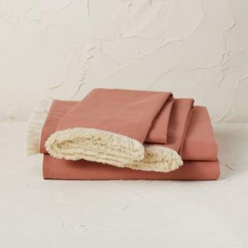 Queen Fringe Cotton Percale Sheet Set Coral