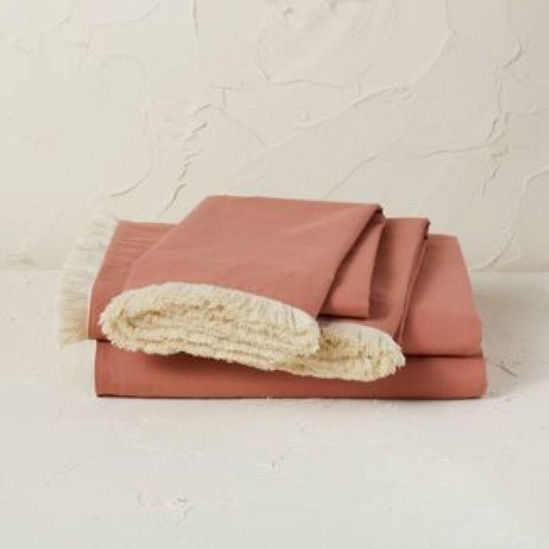 Queen Fringe Cotton Percale Sheet Set Coral