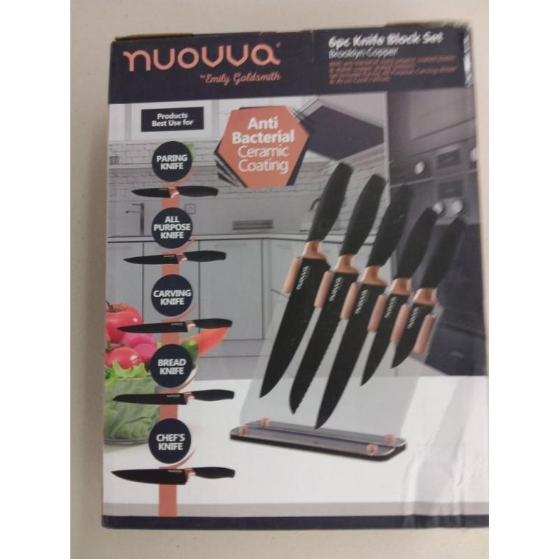 Nuovva 6 Piece Brooklyn Copper Knife Block Set With Hard Ceramic Coated Antibacterial Blade