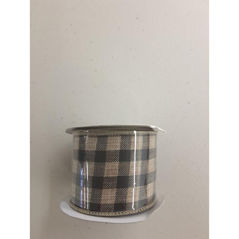 Natural Faux Jute Print Black Plaid Wired Ribbon