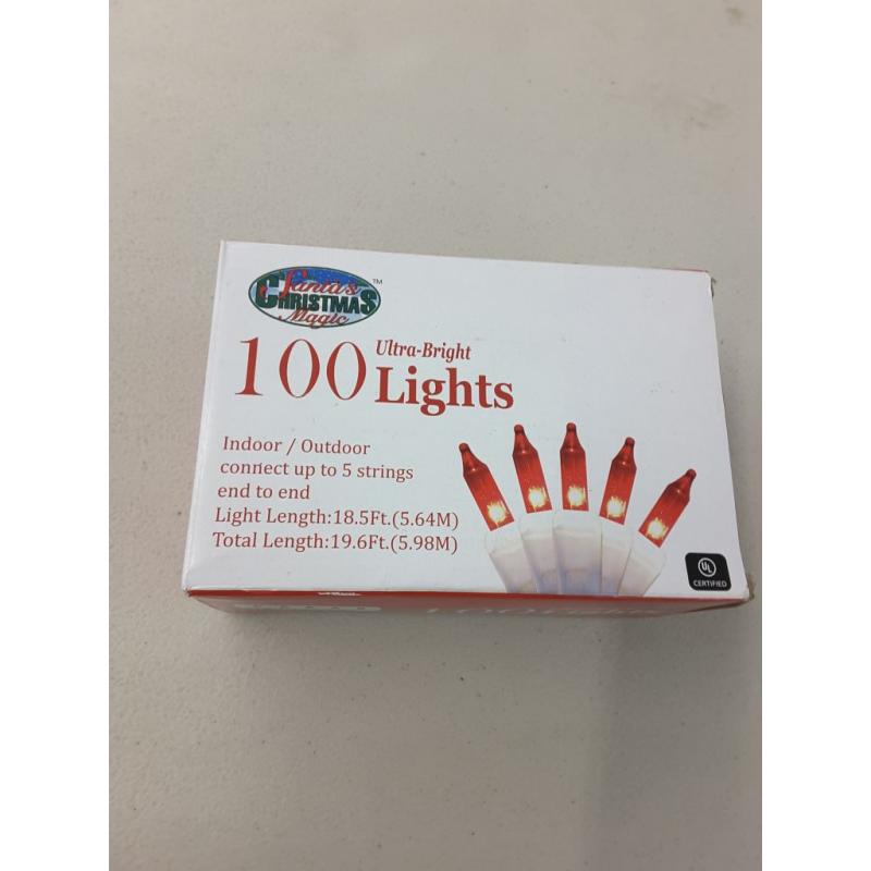 Holiday Essentials 100 Ultra-Brite Red Lights with White Wire - Indoor/Outdoor Use - UL Listed