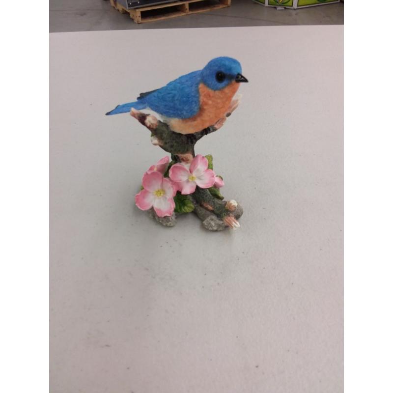 Porcelain Blue Bird Figurine - Perched On Branch With Flowers - Wood Base Mount, 4.88 Inches