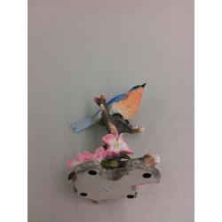 Porcelain Blue Bird Figurine - Perched On Branch With Flowers - Wood Base Mount, 4.88 Inches