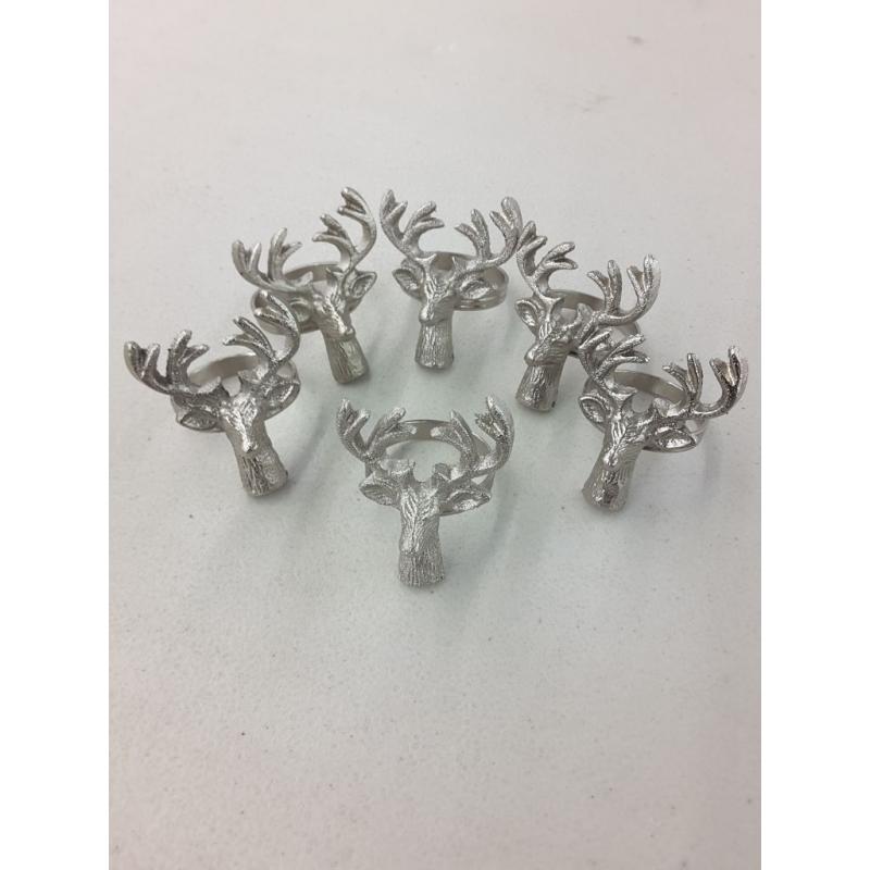 Handcrafted Stag Head Metal Napkin Rings for Wedding Party Decoration Dinning Table Occasion Everyday Family Gatherings, Set of 6 - Silver