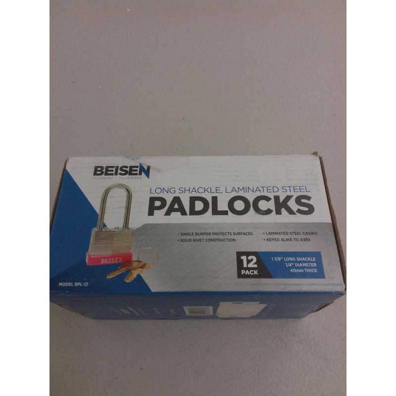 Beisen Hardware (TM) Padlock Box of 12!!! Long Shackle (1 7/8) Laminated Steel Keyed Alike (A389) Padlocks. Multipack Padlock