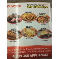NuWave Brio 6-Quart Air Fryer with App Recipes (Black) includes basket divider, one-touch digital controls, 6 easy presets, wattage control, and advanced functions like SEAR, PREHEAT, DELAY, WARM and more