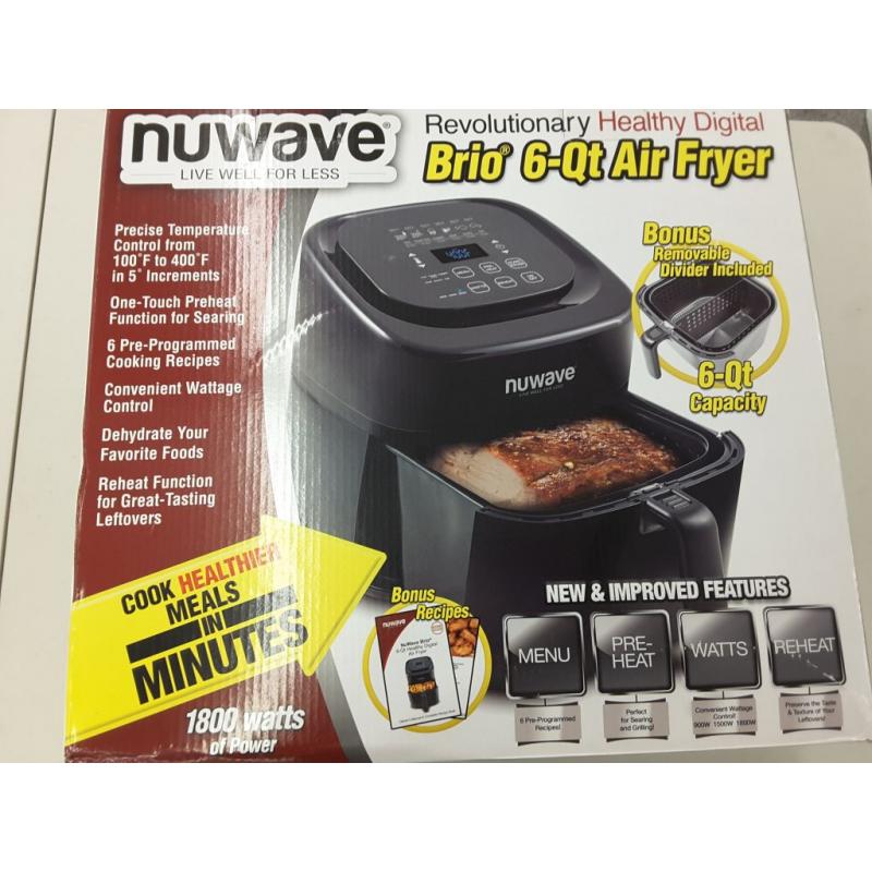 NuWave Brio 6-Quart Air Fryer with App Recipes (Black) includes basket divider, one-touch digital controls, 6 easy presets, wattage control, and advanced functions like SEAR, PREHEAT, DELAY, WARM and more