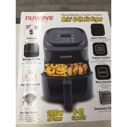 NuWave Brio 6-Quart Air Fryer with App Recipes (Black) includes basket divider, one-touch digital controls, 6 easy presets, wattage control, and advanced functions like SEAR, PREHEAT, DELAY, WARM and more