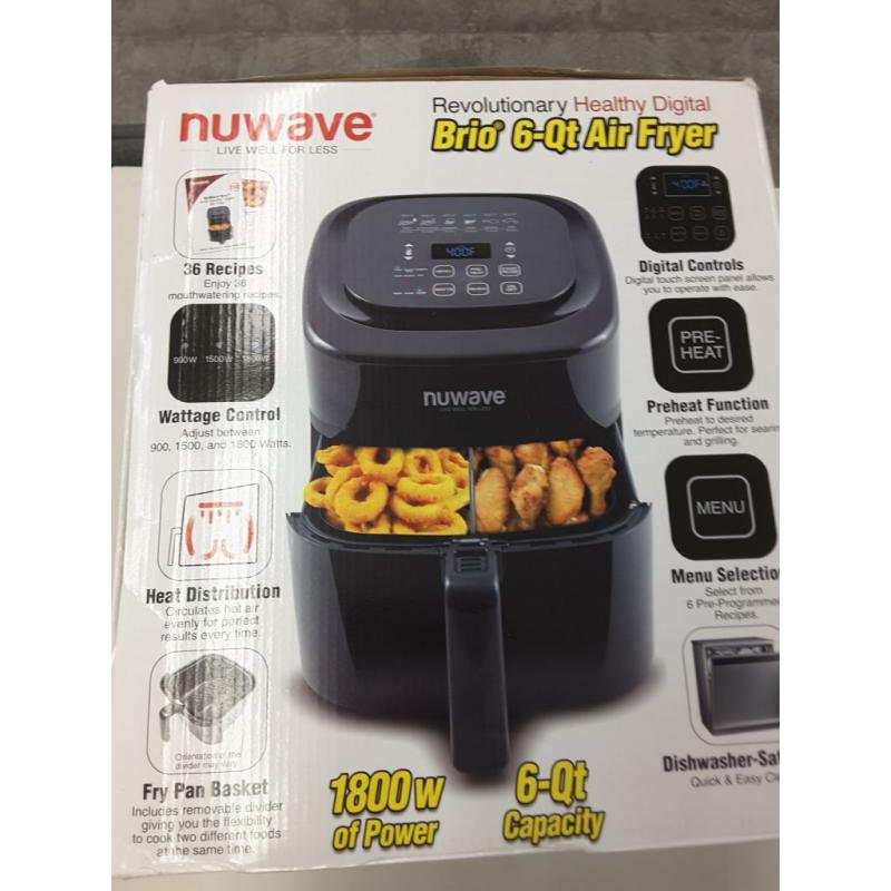 NuWave Brio 6-Quart Air Fryer with App Recipes (Black) includes basket divider, one-touch digital controls, 6 easy presets, wattage control, and advanced functions like SEAR, PREHEAT, DELAY, WARM and more