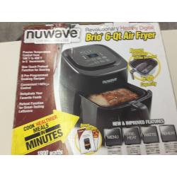 NuWave Brio 6-Quart Air Fryer with App Recipes (Black) includes basket divider, one-touch digital controls, 6 easy presets, wattage control, and advanced functions like SEAR, PREHEAT, DELAY, WARM and more